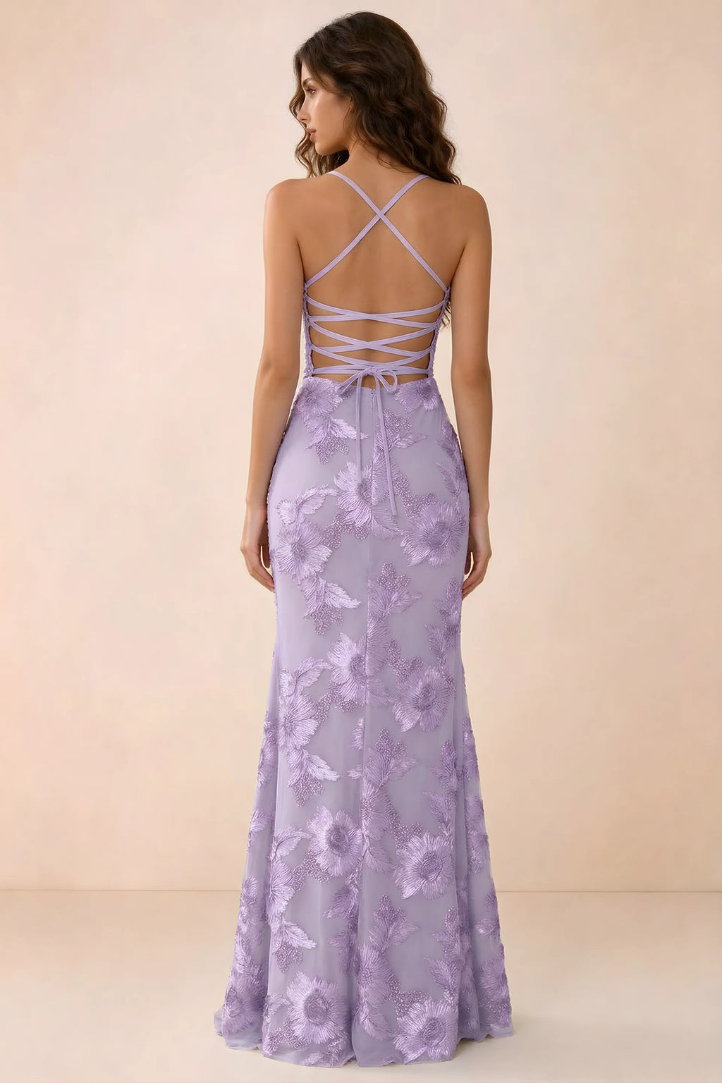 Back studio view of Belinda wisteria maxi dress showing crossed straps and open-back ties