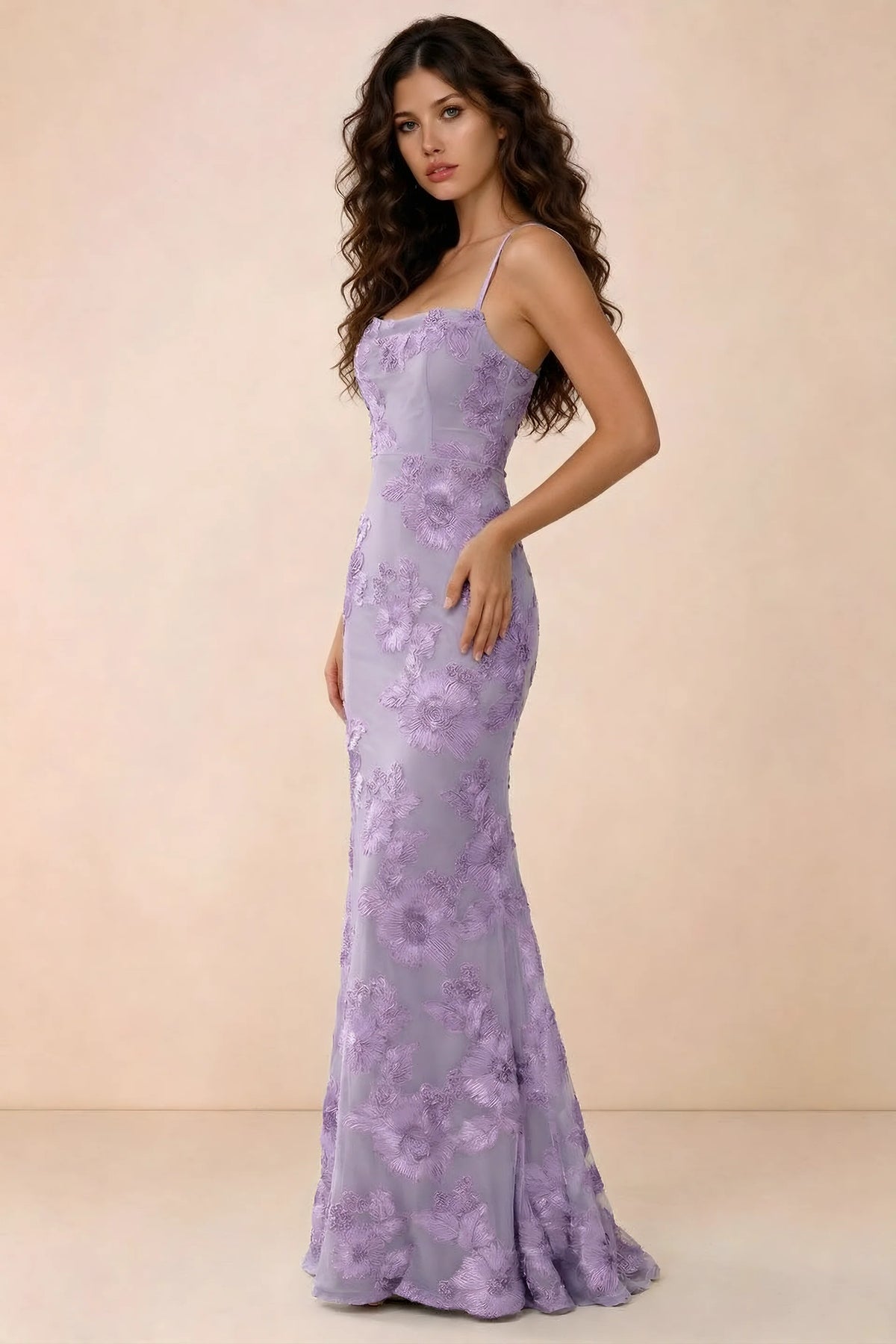 Three-quarter studio view of Belinda wisteria dress showing the fitted waist and flared mermaid hem