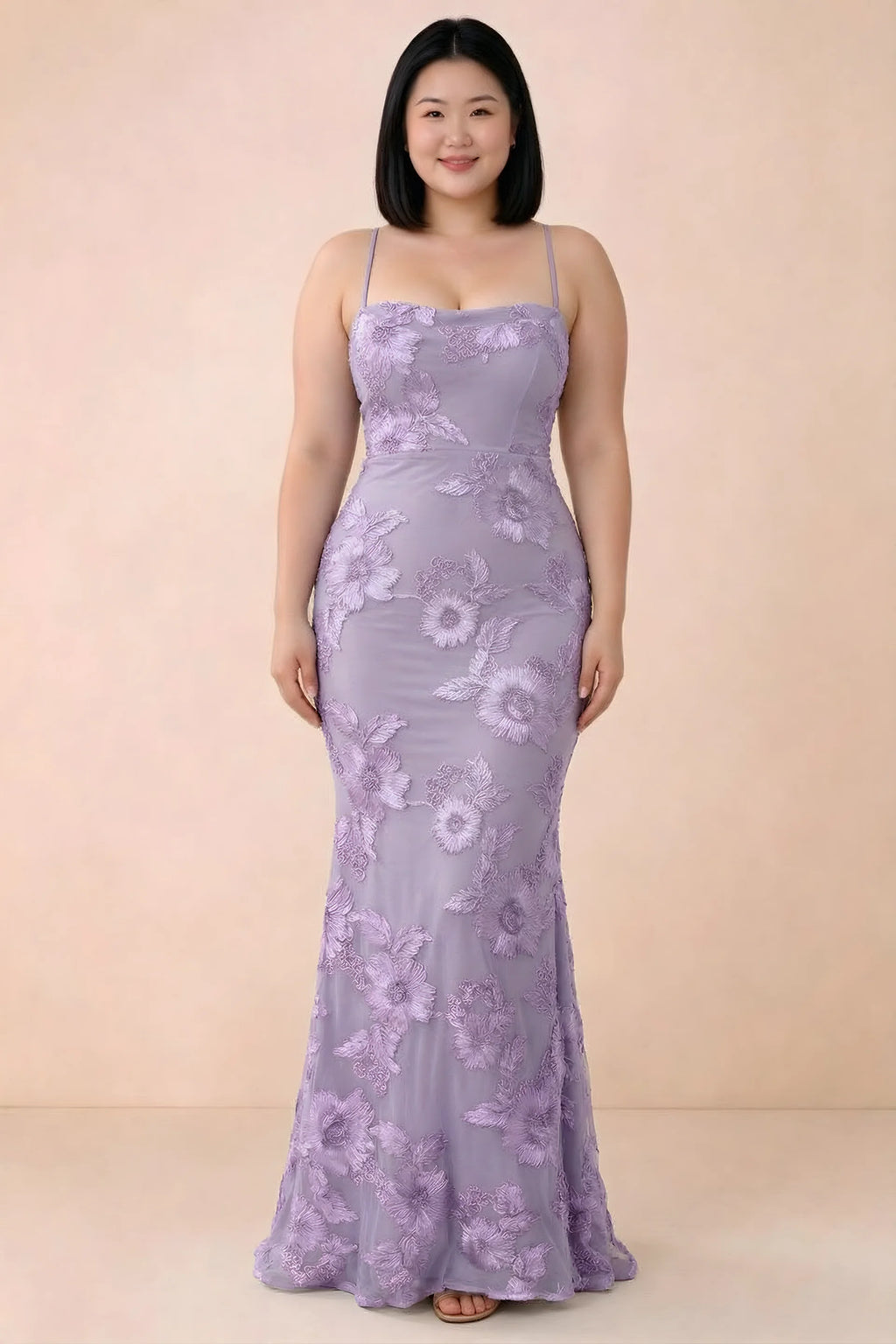 Front studio view of Belinda wisteria floral maxi dress showing the close-fitting bodice and long skirt