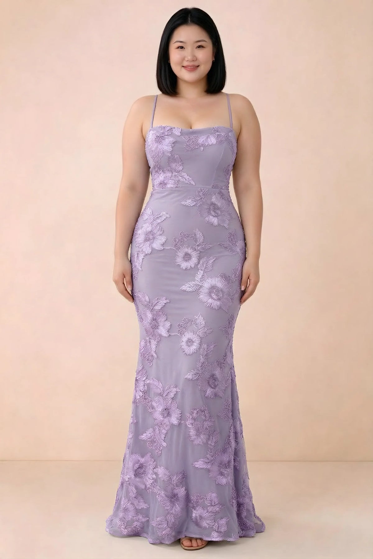 Front studio view of Belinda wisteria floral maxi dress showing the close-fitting bodice and long skirt