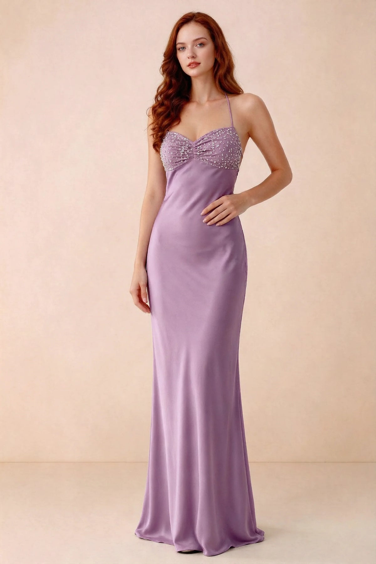 Front studio view of Blanche wisteria satin beaded maxi dress showing the sweetheart bodice and mermaid skirt