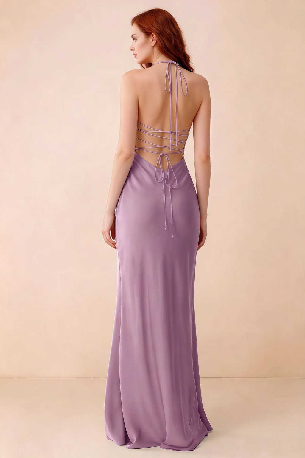 Back studio view of Blanche wisteria dress showing halter neck ties and crossed open-back lacing