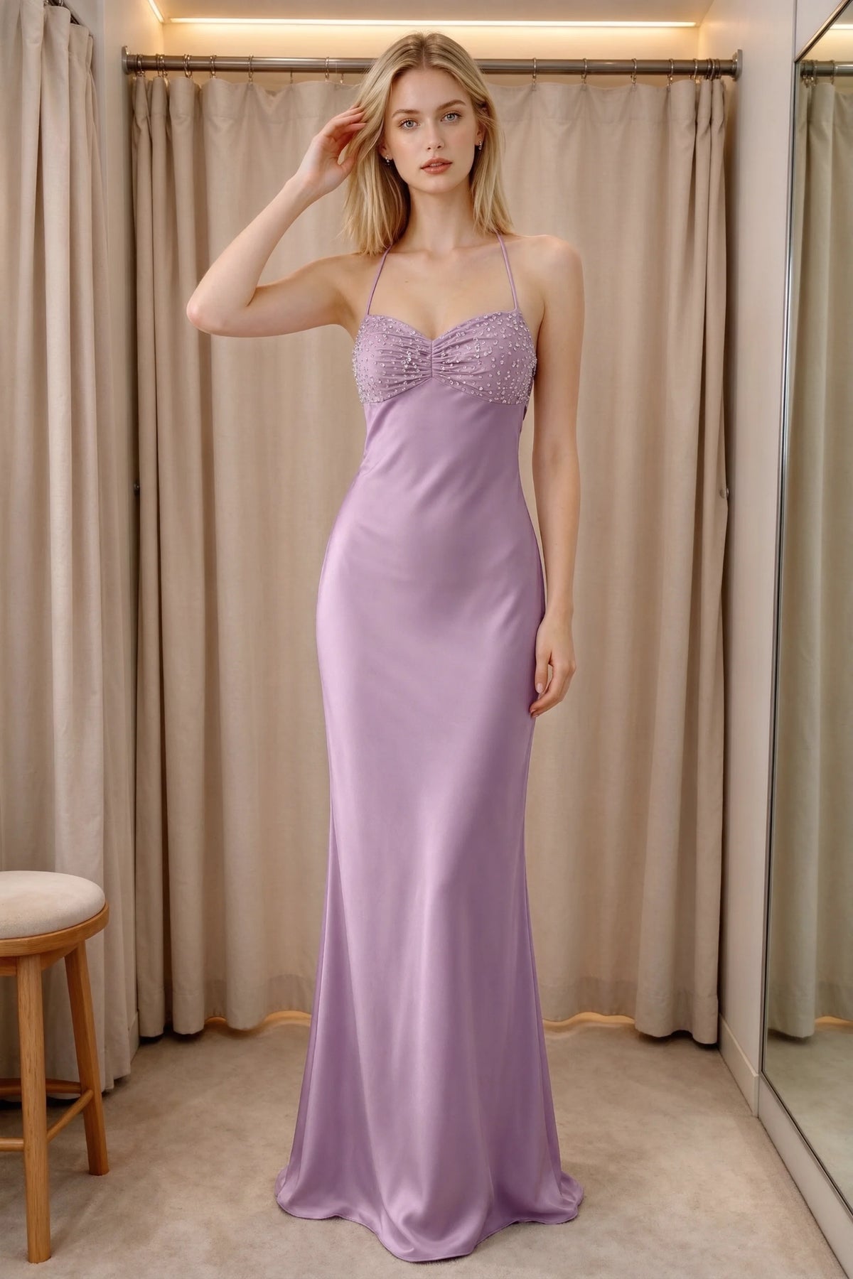 Front indoor view of Blanche wisteria satin maxi dress beside curtains with a beaded bust panel