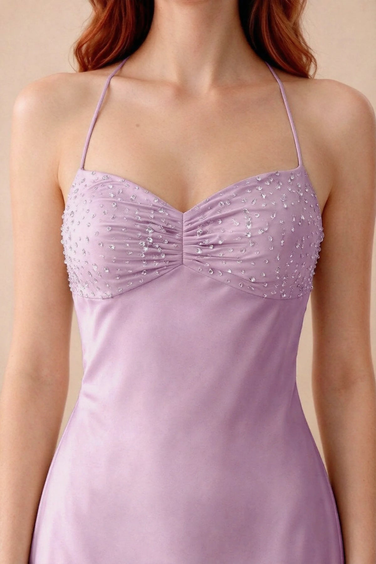 Close-up of Blanche wisteria sweetheart neckline with beading, central ruching and fine halter straps