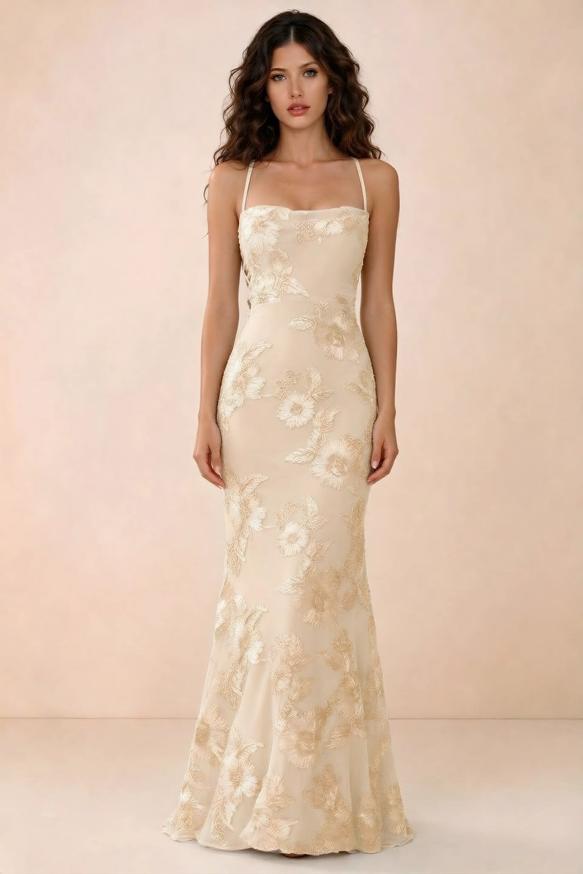 Front studio view of Belinda yellow 3D flower mermaid maxi dress with a straight neckline and thin straps