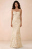 Front studio view of Belinda yellow 3D flower mermaid maxi dress with a straight neckline and thin straps