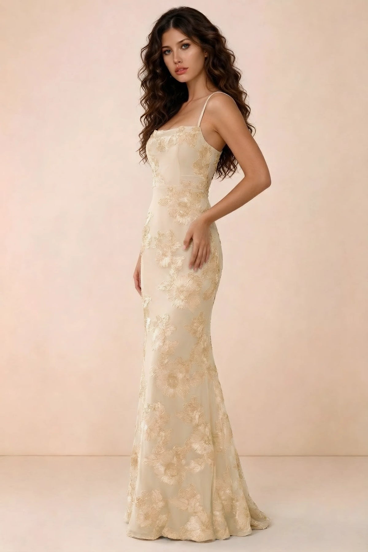 Three-quarter studio view of Belinda yellow dress showing the fitted waist and flared mermaid hem