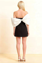 Bella Black and White Satin Bandeau A-Line Mini Dress with Bow Sleeves