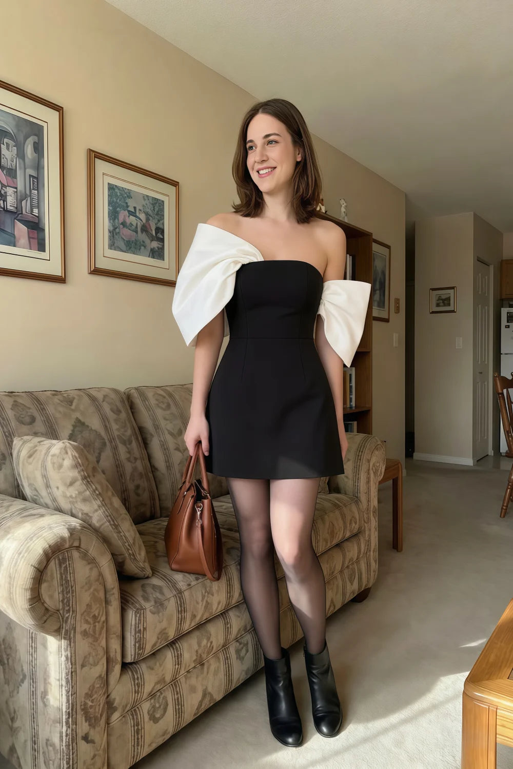 Bella Black and White Satin Bandeau A-Line Mini Dress with Bow Sleeves