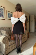 Bella Black and White Satin Bandeau A-Line Mini Dress with Bow Sleeves