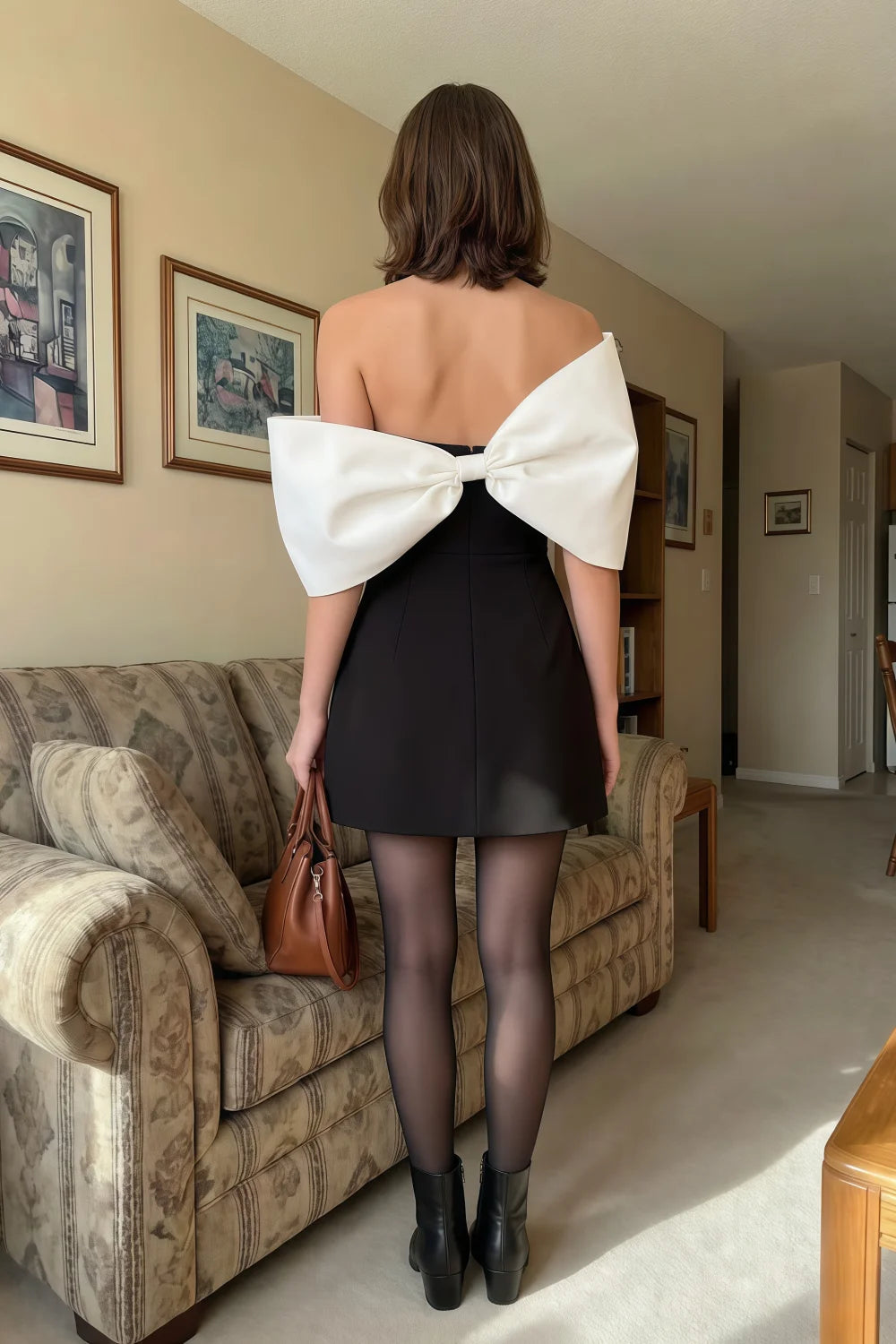 Bella Black and White Satin Bandeau A-Line Mini Dress with Bow Sleeves