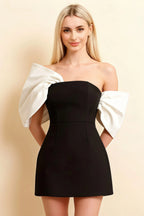 Bella Black and White Satin Bandeau A-Line Mini Dress with Bow Sleeves