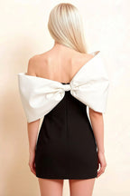 Bella Black and White Satin Bandeau A-Line Mini Dress with Bow Sleeves