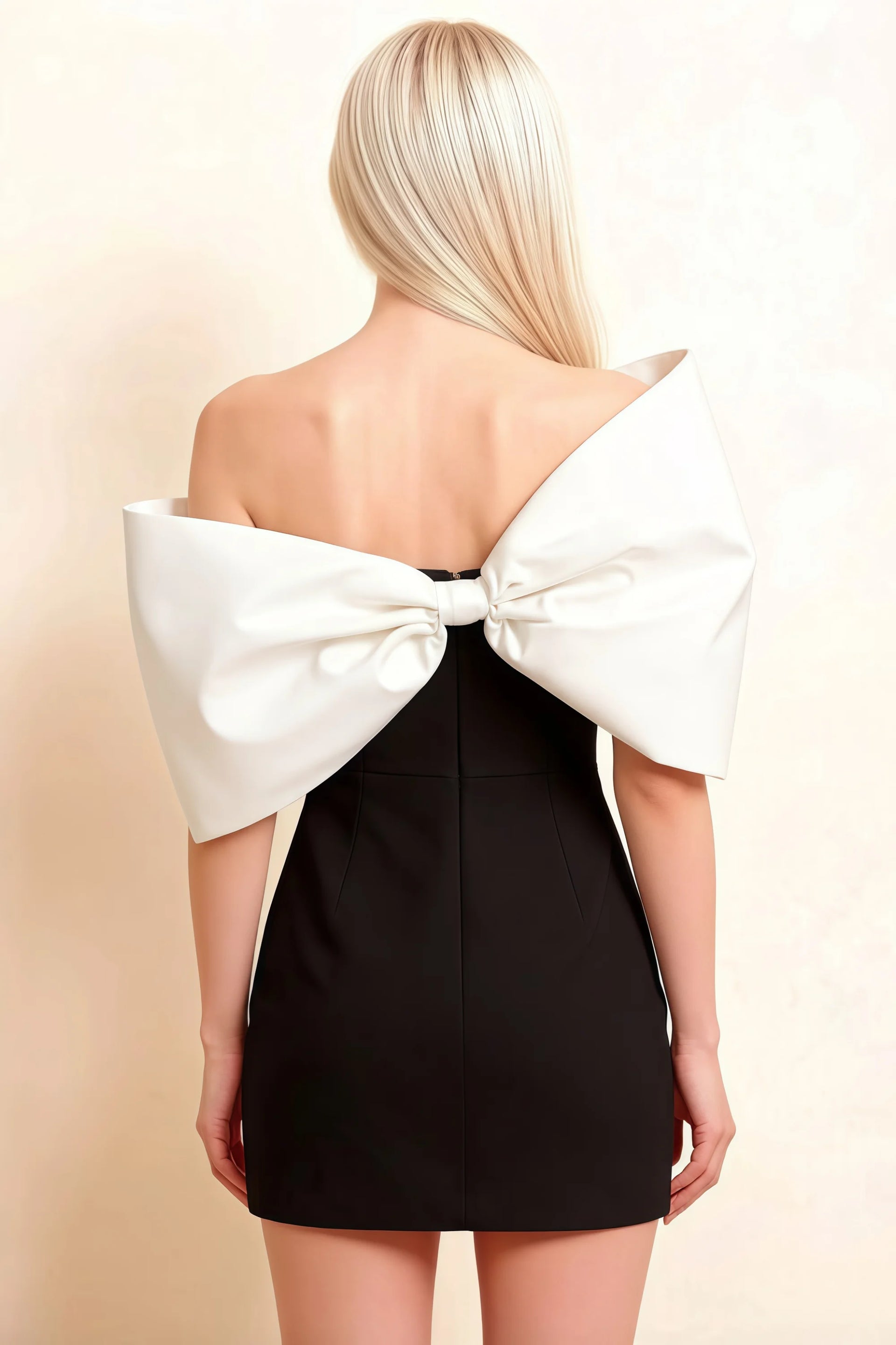 Bella Black and White Satin Bandeau A-Line Mini Dress with Bow Sleeves