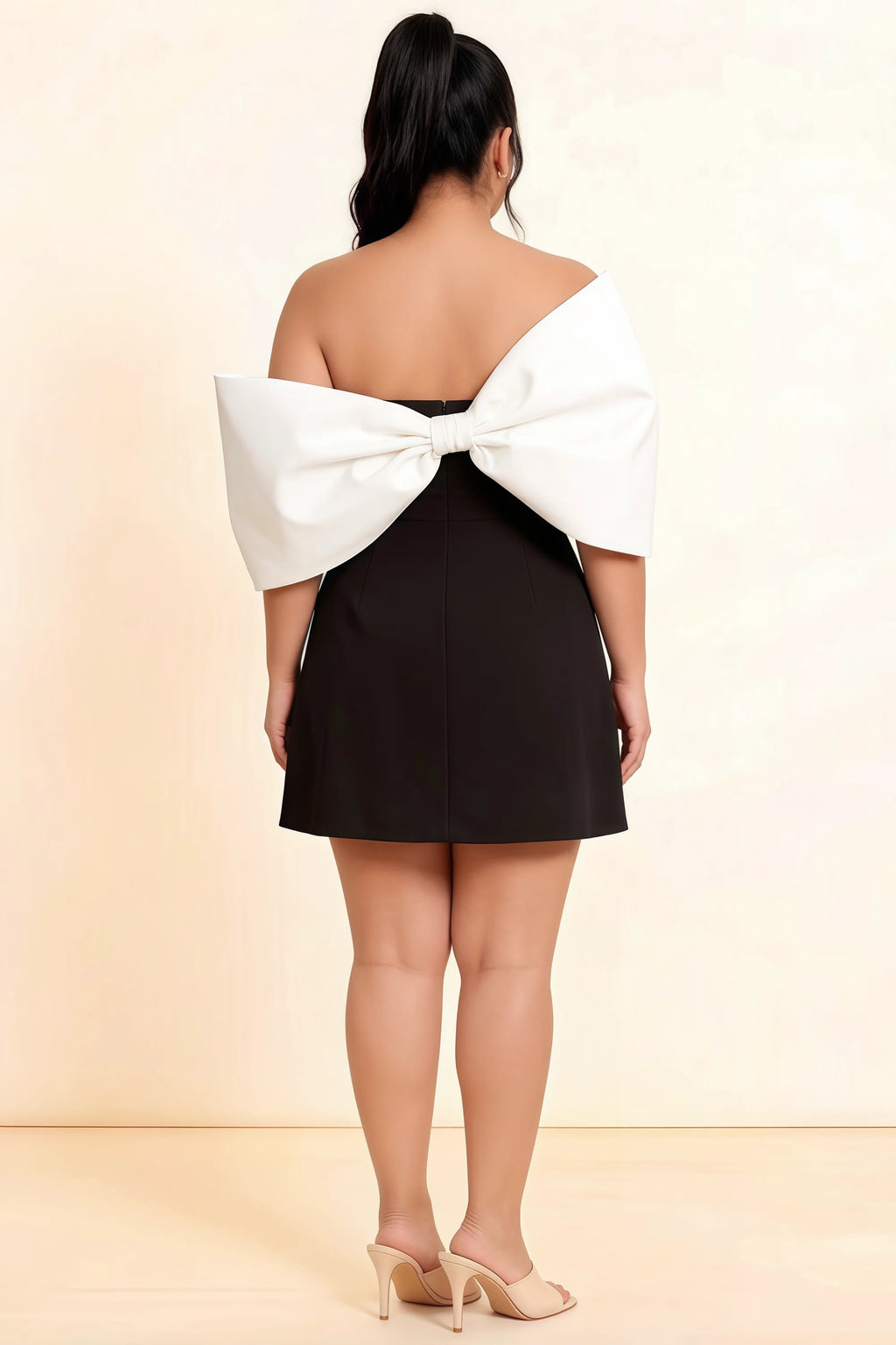 Bella Black and White Satin Bandeau A-Line Mini Dress with Bow Sleeves