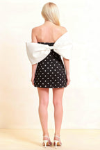 Bella Black Polka Dot Satin Bandeau A-Line Mini Dress with Bow Sleeves