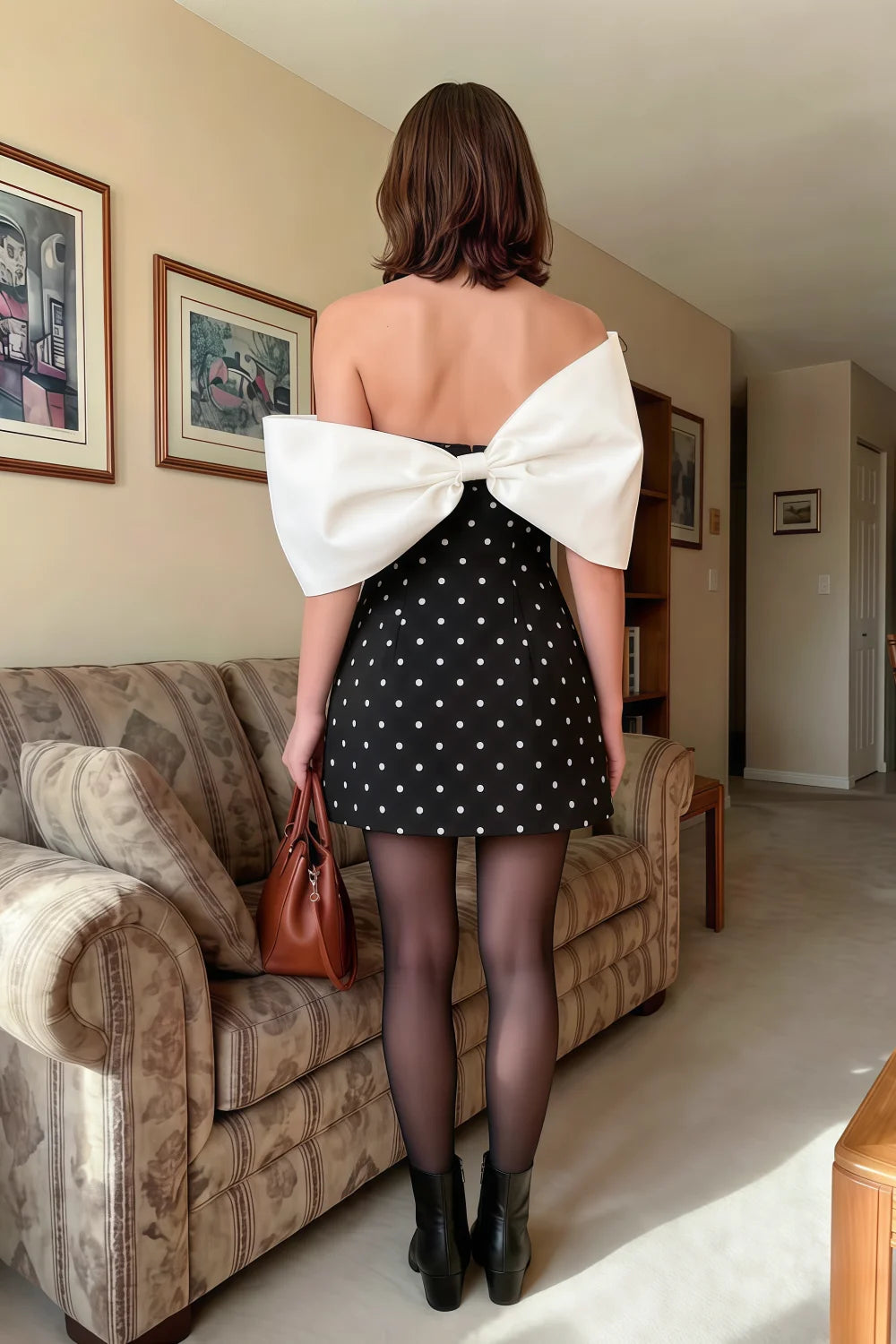 Bella Black Polka Dot Satin Bandeau A-Line Mini Dress with Bow Sleeves
