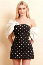 Bella Black Polka Dot Satin Bandeau A-Line Mini Dress with Bow Sleeves