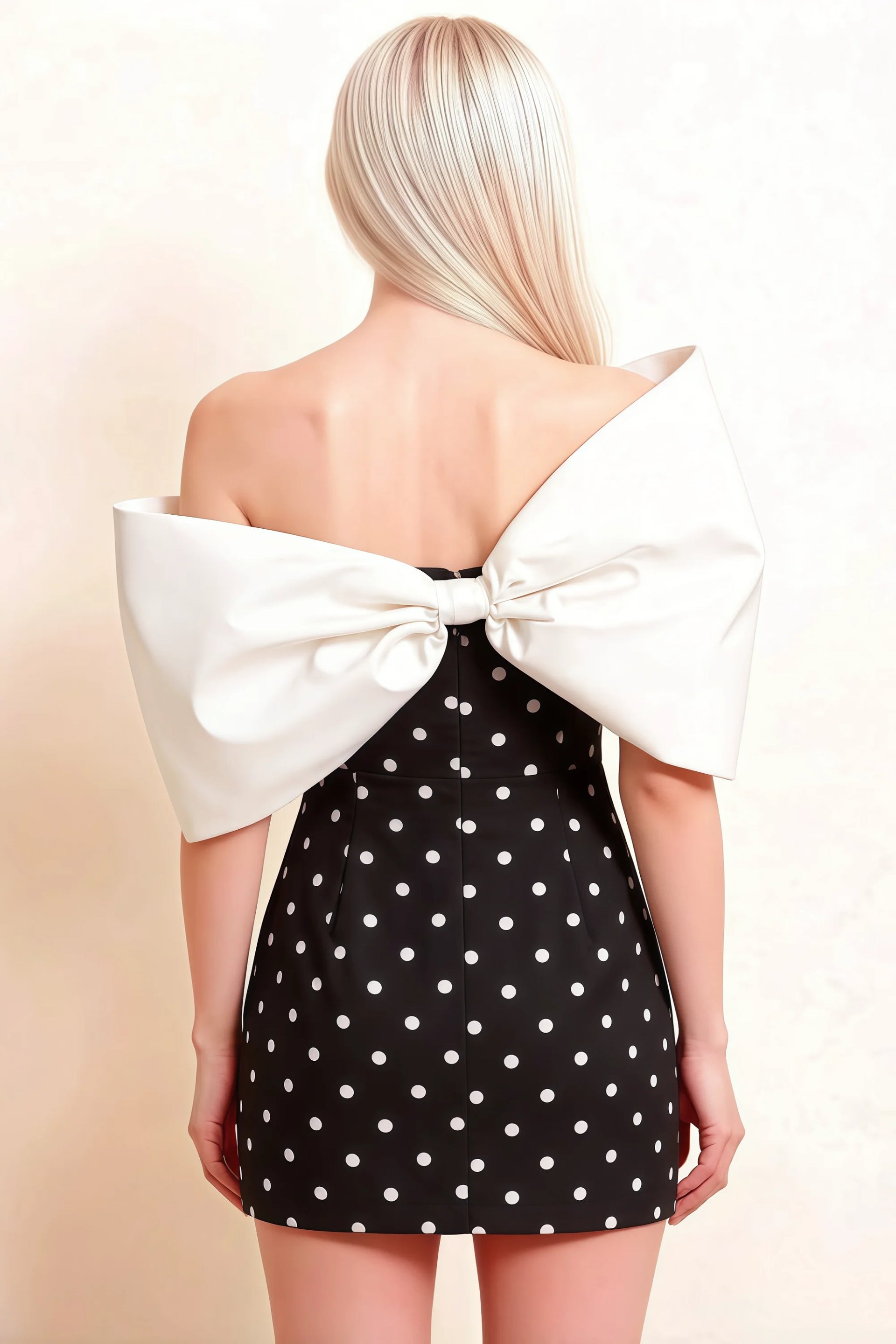 Bella Black Polka Dot Satin Bandeau A-Line Mini Dress with Bow Sleeves