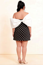 Bella Black Polka Dot Satin Bandeau A-Line Mini Dress with Bow Sleeves