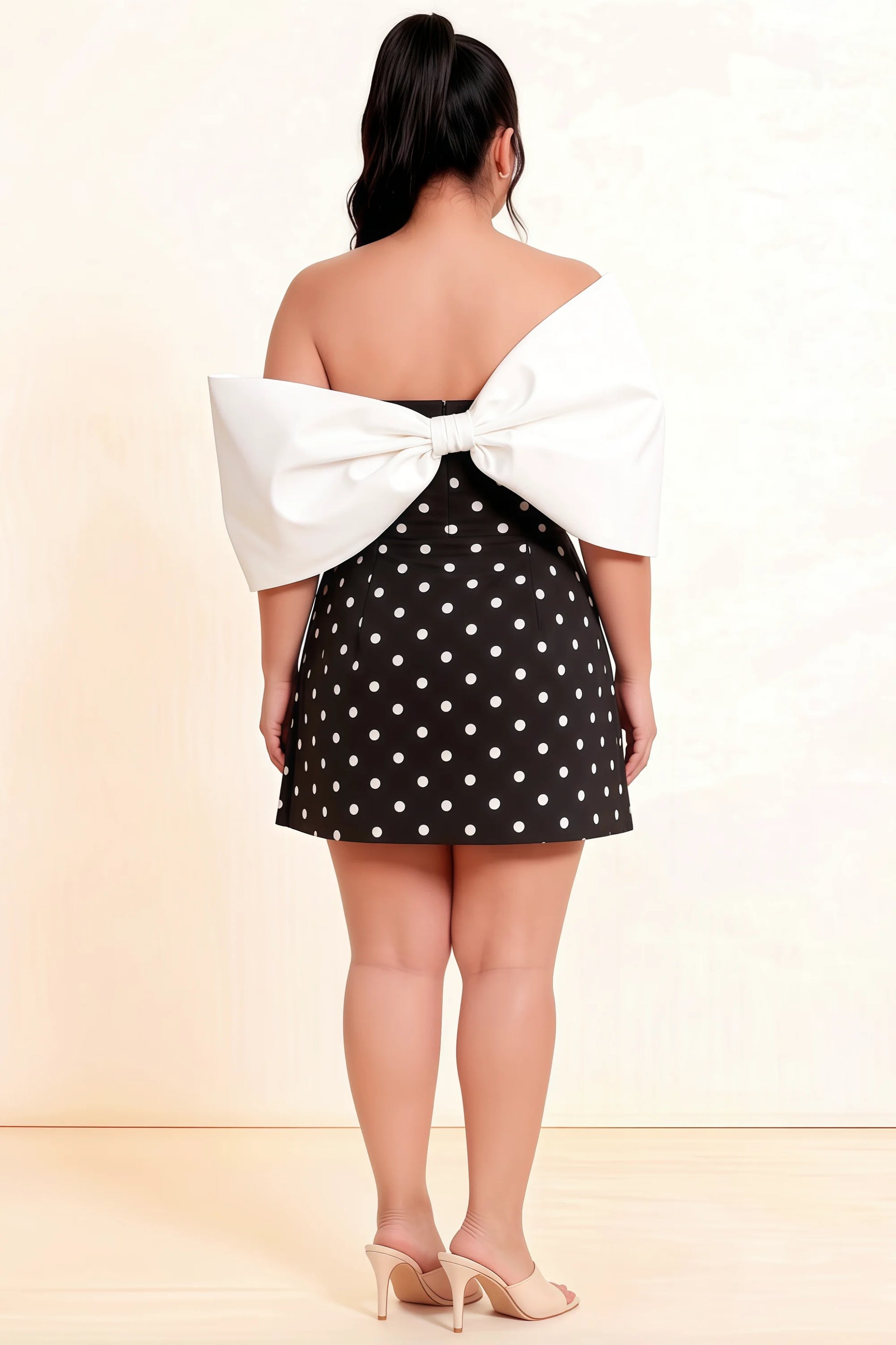 Bella Black Polka Dot Satin Bandeau A-Line Mini Dress with Bow Sleeves