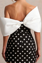 Bella Black Polka Dot Satin Bandeau A-Line Mini Dress with Bow Sleeves