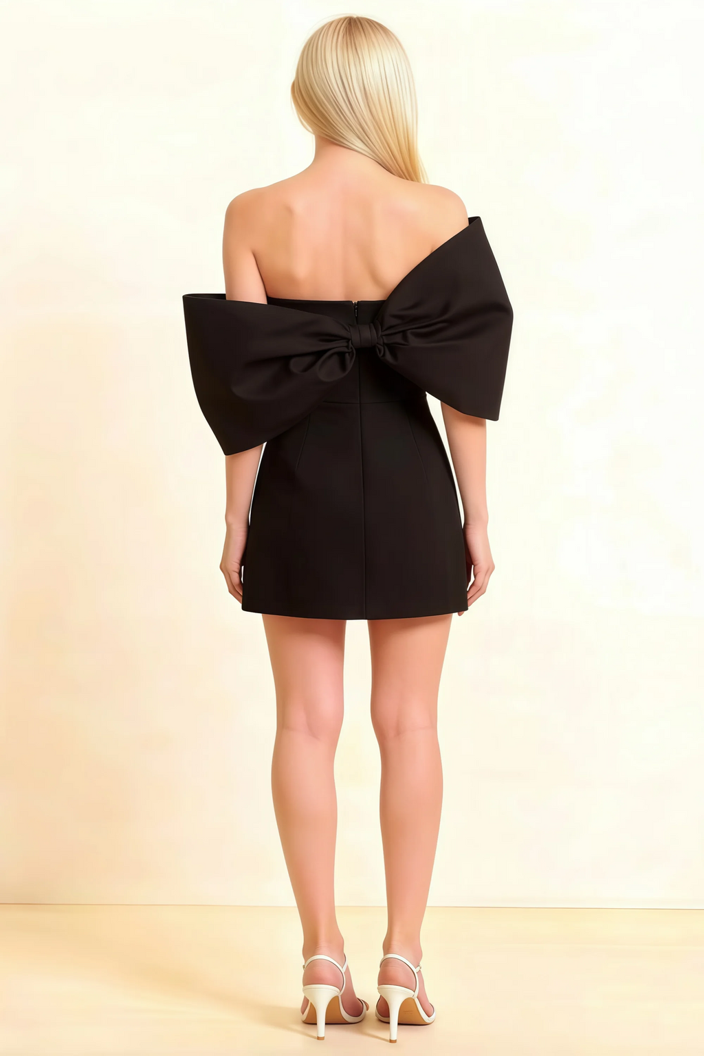 Bella Black Satin Bandeau A-Line Mini Dress with Bow Sleeves