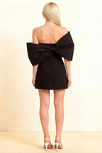 Bella Black Satin Bandeau A-Line Mini Dress with Bow Sleeves