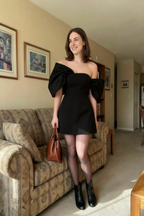 Bella Black Satin Bandeau A-Line Mini Dress with Bow Sleeves