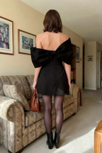 Bella Black Satin Bandeau A-Line Mini Dress with Bow Sleeves