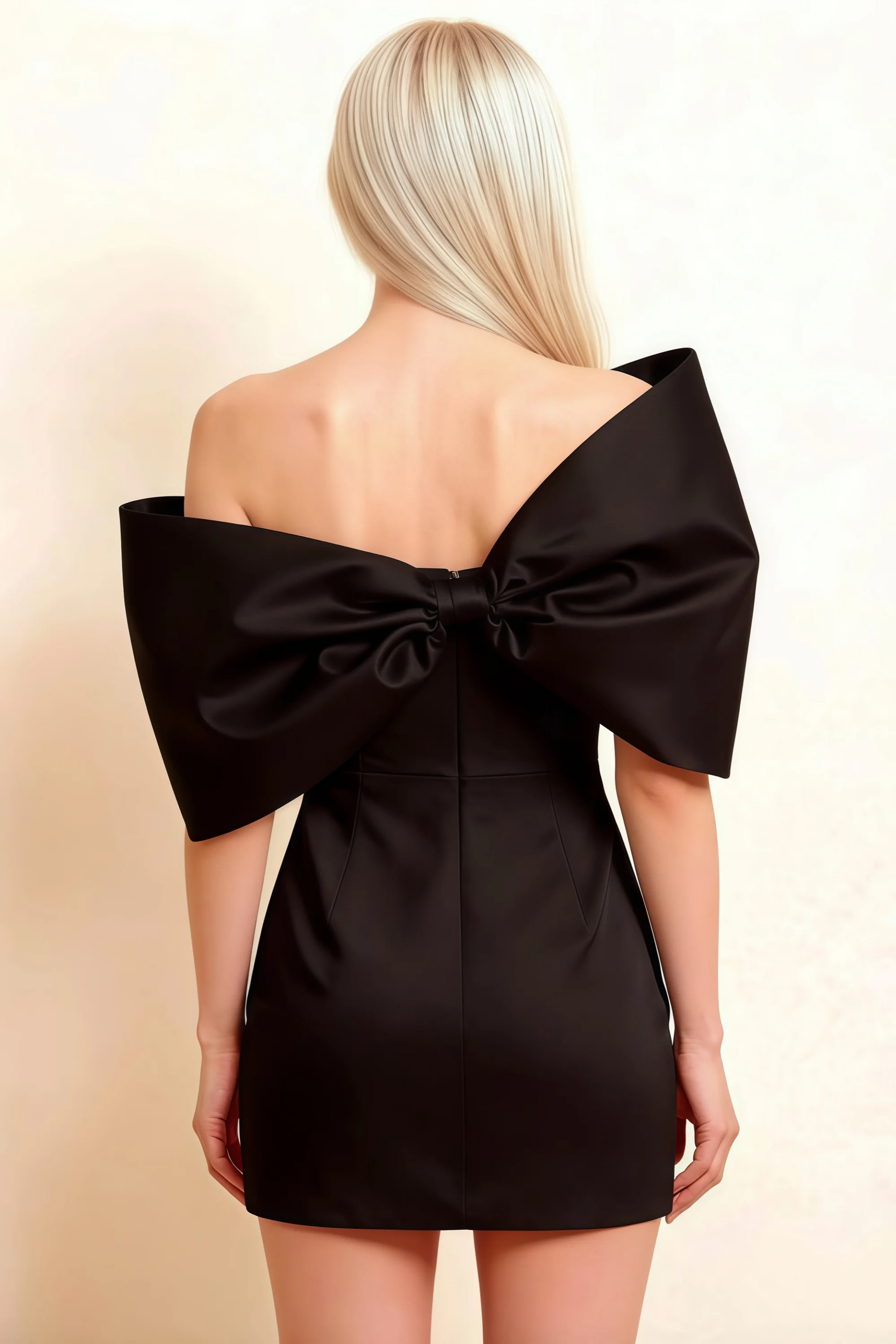 Bella Black Satin Bandeau A-Line Mini Dress with Bow Sleeves