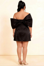 Bella Black Satin Bandeau A-Line Mini Dress with Bow Sleeves