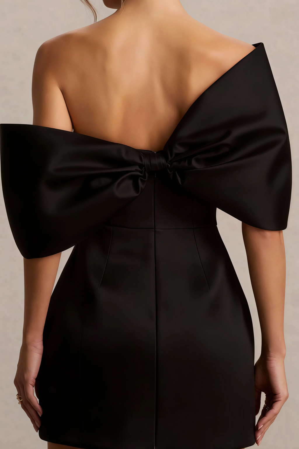Bella Black Satin Bandeau A-Line Mini Dress with Bow Sleeves