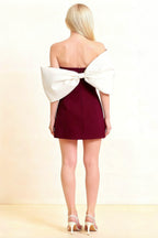 Bella Burgundy Satin Bandeau A-Line Mini Dress with Bow Sleeves
