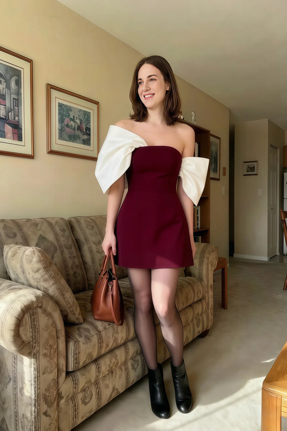 Bella Burgundy Satin Bandeau A-Line Mini Dress with Bow Sleeves