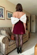 Bella Burgundy Satin Bandeau A-Line Mini Dress with Bow Sleeves