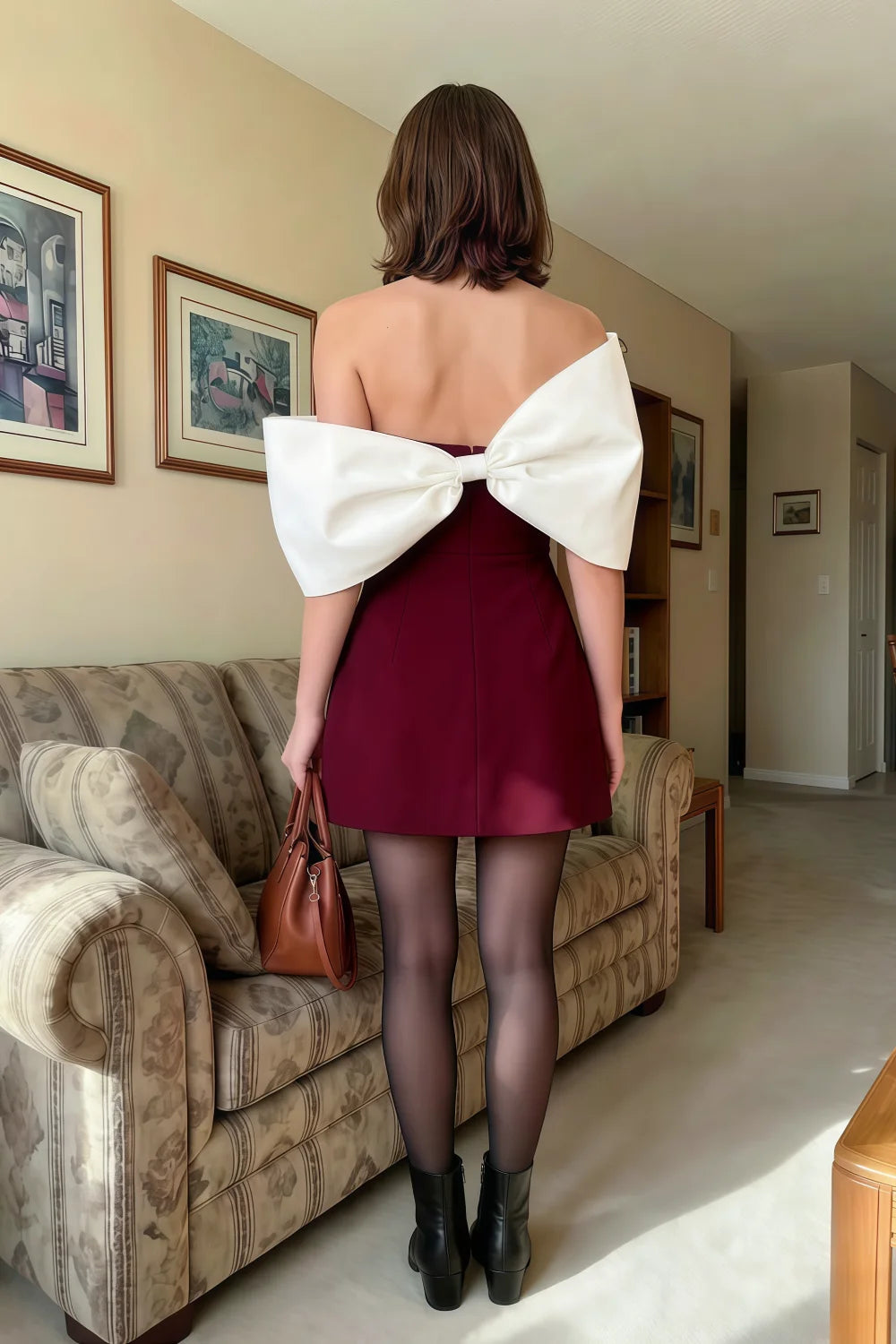 Bella Burgundy Satin Bandeau A-Line Mini Dress with Bow Sleeves