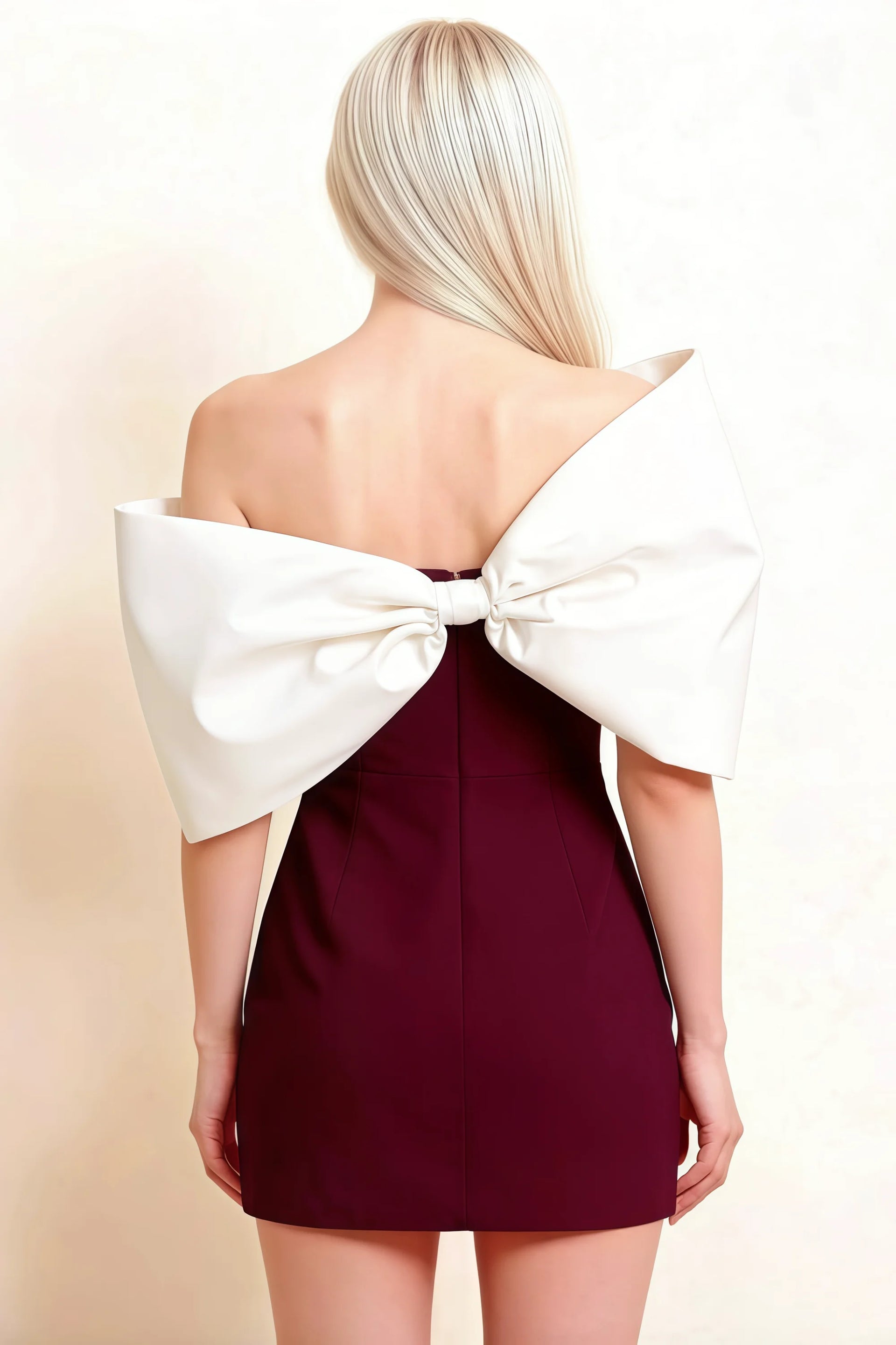 Bella Burgundy Satin Bandeau A-Line Mini Dress with Bow Sleeves