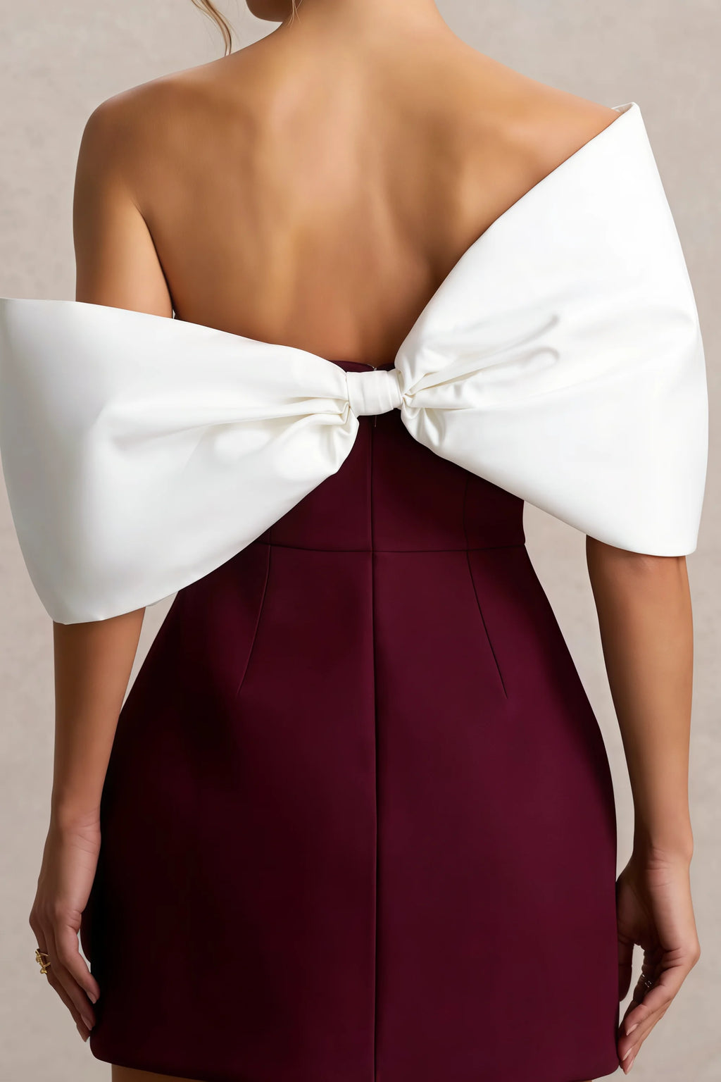 Bella Burgundy Satin Bandeau A-Line Mini Dress with Bow Sleeves