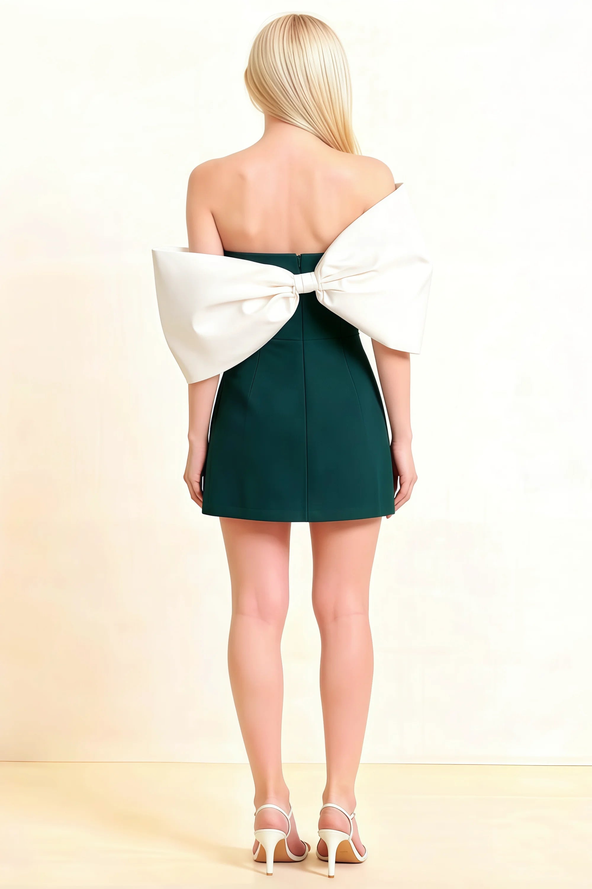 Bella Emerald Green Satin Bandeau A-Line Mini Dress with Bow Sleeves Secondary image
