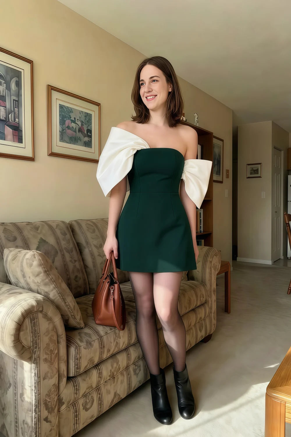 Bella Emerald Green Satin Bandeau A-Line Mini Dress with Bow Sleeves