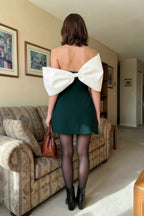 Bella Emerald Green Satin Bandeau A-Line Mini Dress with Bow Sleeves