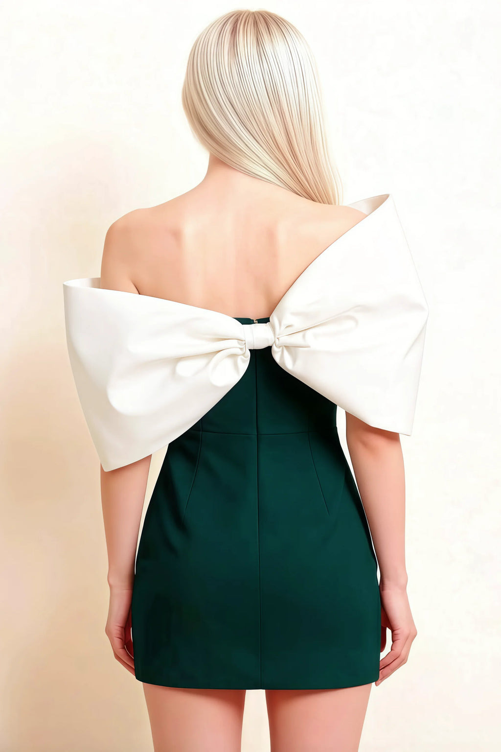Bella Emerald Green Satin Bandeau A-Line Mini Dress with Bow Sleeves