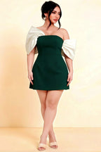 Bella Emerald Green Satin Bandeau A-Line Mini Dress with Bow Sleeves