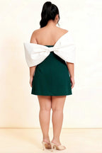 Bella Emerald Green Satin Bandeau A-Line Mini Dress with Bow Sleeves
