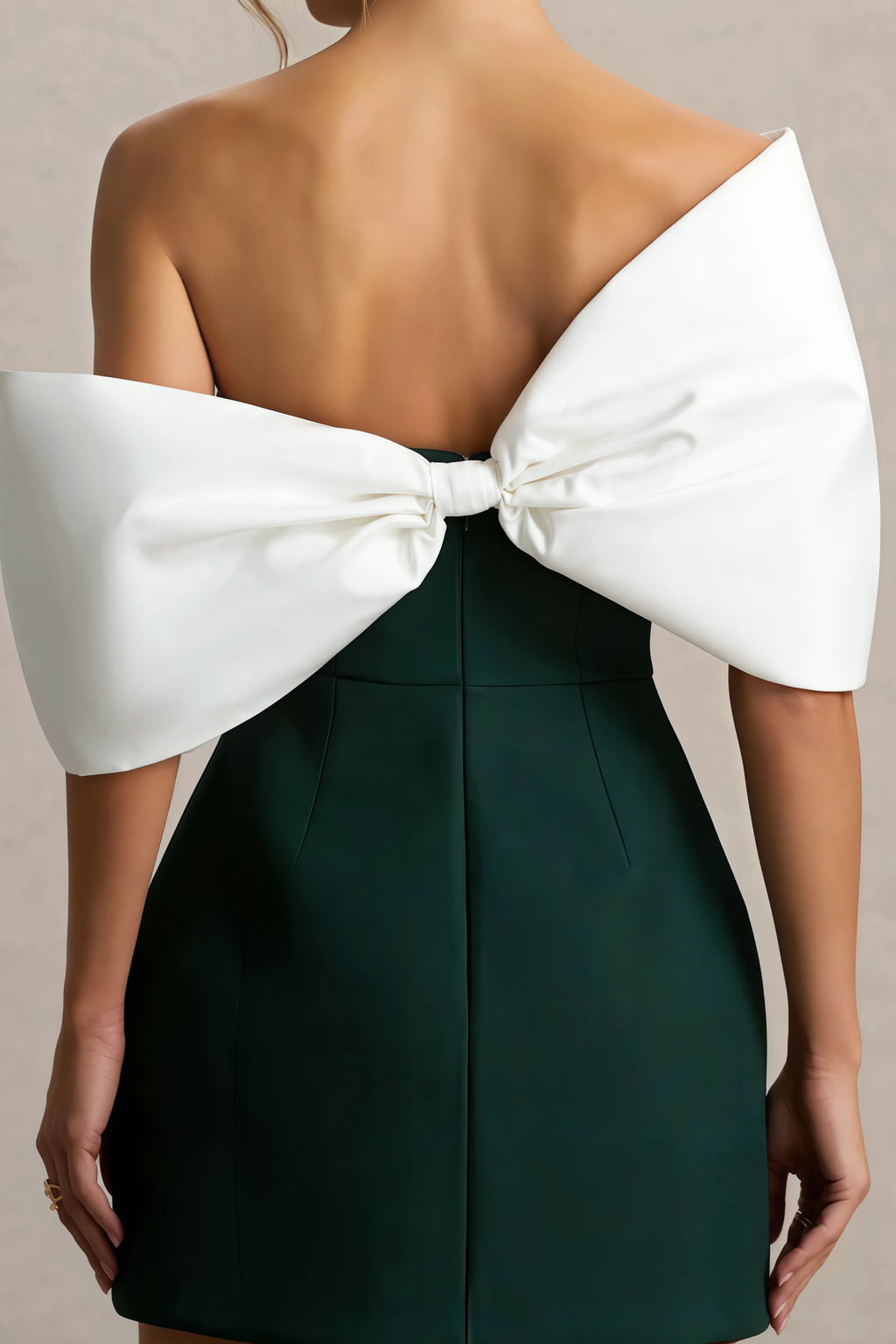 Bella Emerald Green Satin Bandeau A-Line Mini Dress with Bow Sleeves