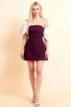 Bella Grape Satin Bandeau A-Line Mini Dress with Bow Sleeves