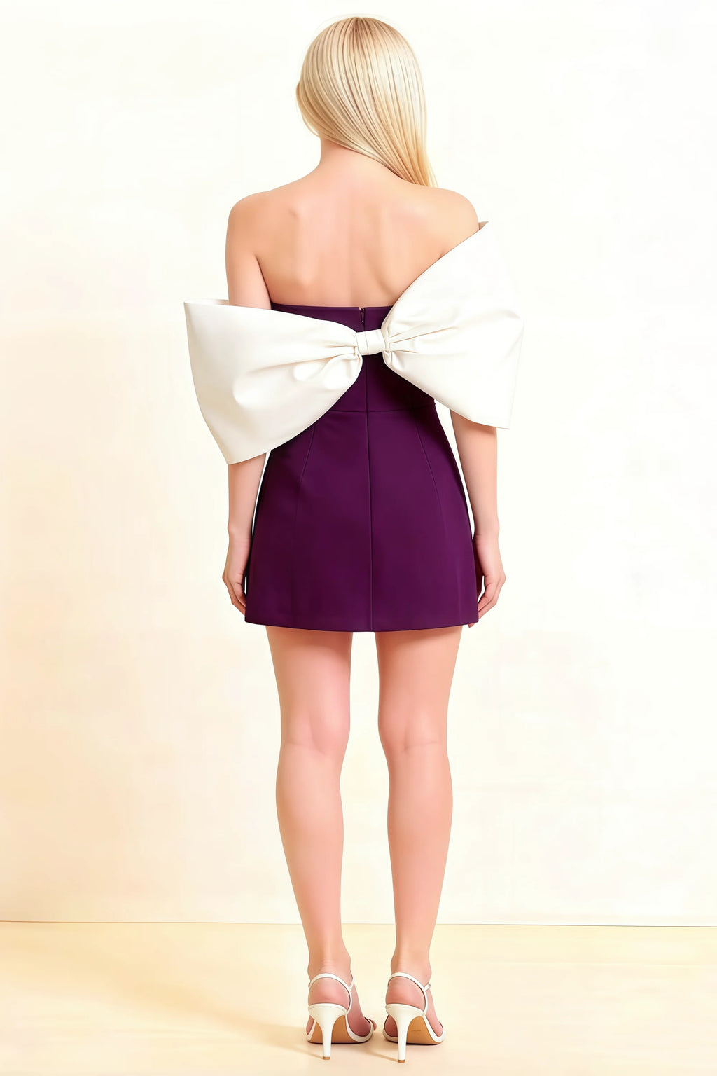 Bella Grape Satin Bandeau A-Line Mini Dress with Bow Sleeves