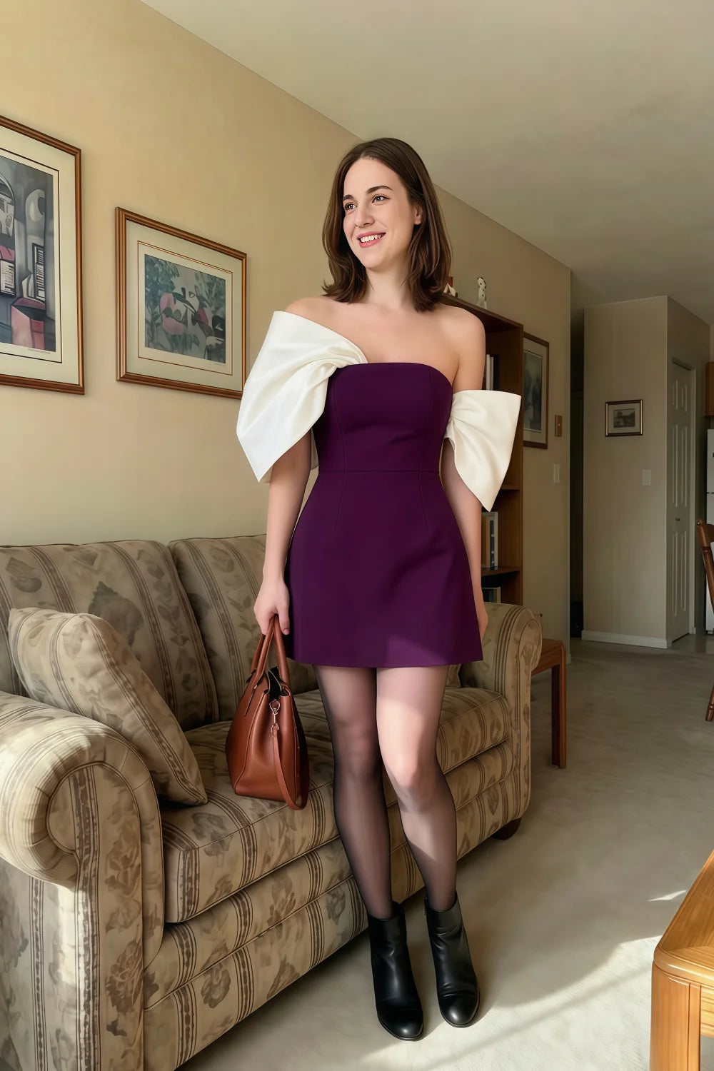 Bella Grape Satin Bandeau A-Line Mini Dress with Bow Sleeves