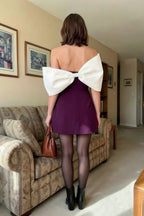 Bella Grape Satin Bandeau A-Line Mini Dress with Bow Sleeves